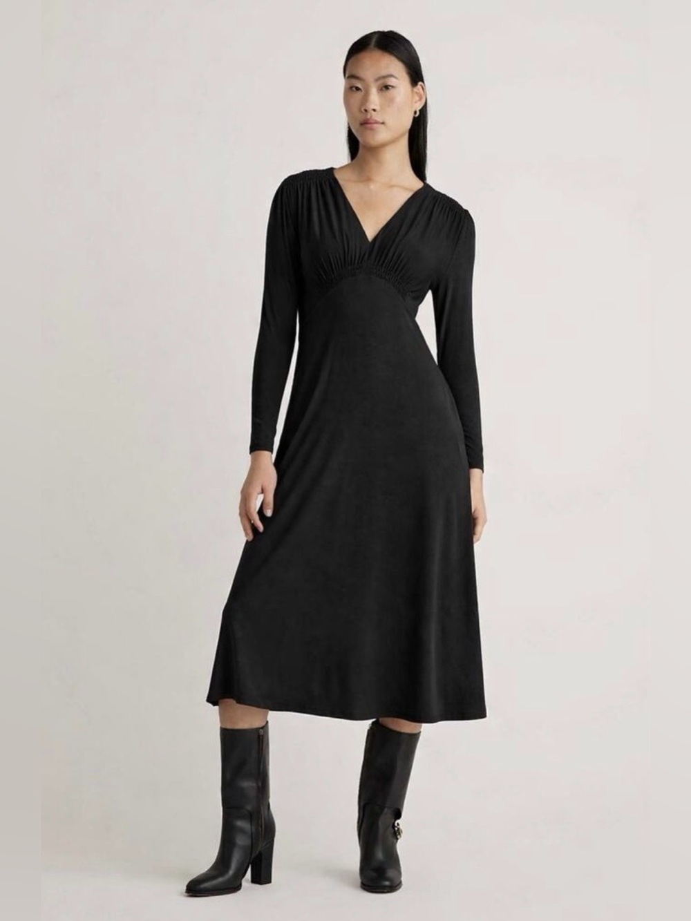 Quince Tensel Jersey V-Neck Long Sleeve Midi Dress Pockets in Black Size Small